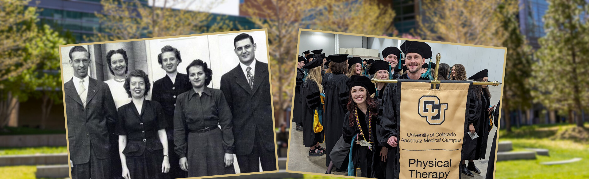 At left, black and white, 1948 photo of the six physical therapy graduates. At right, color photo of a mass of the most recent graduation class.