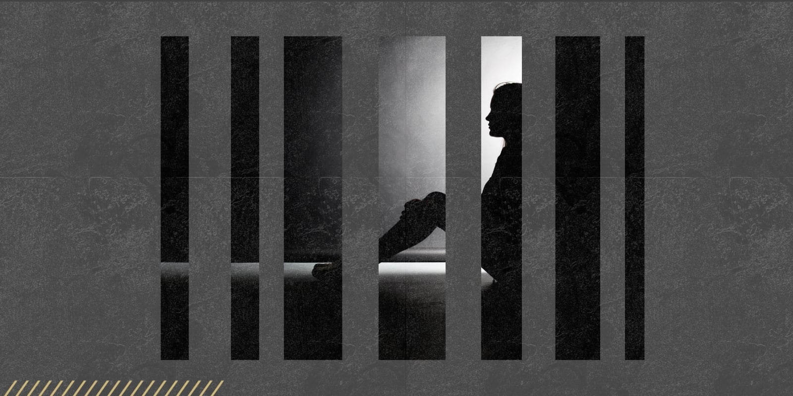 A silhouette of a youth sitting in profile on the ground, as the image is divided into seven vertical boxes. 