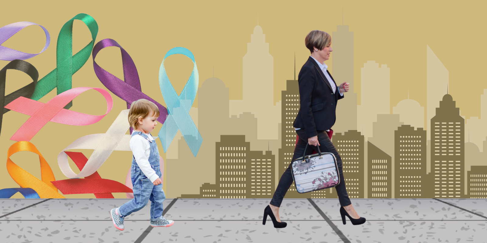An illustration featuring a child and an adult walking against a background of cancer ribbons and a city skyline.