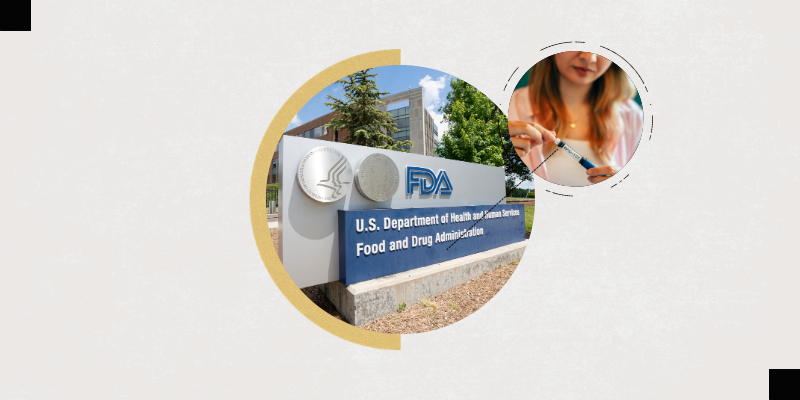 An illustration featuring the Food and Drug Administration sign and a person holding a peptide injectable.