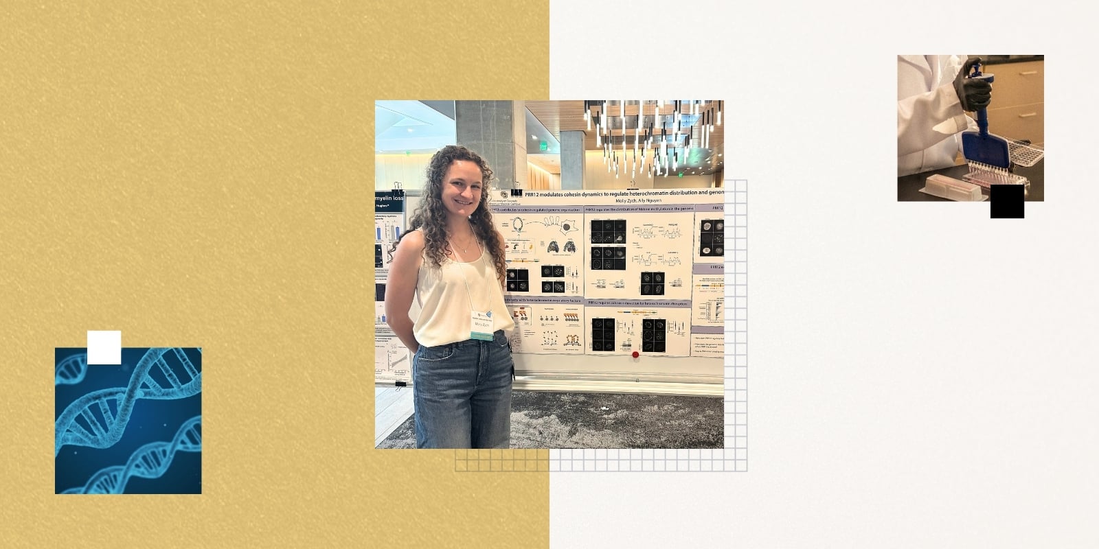 A postdoc scholar stands in front of their research poster inside the Anschutz Health Sciences Building. A pipette station and DNA strand images are in two small boxes in the opposite corners.