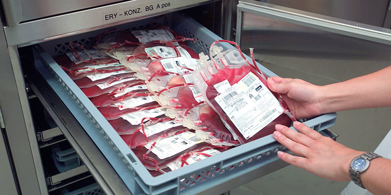 Units of blood stored in a blood bank. 