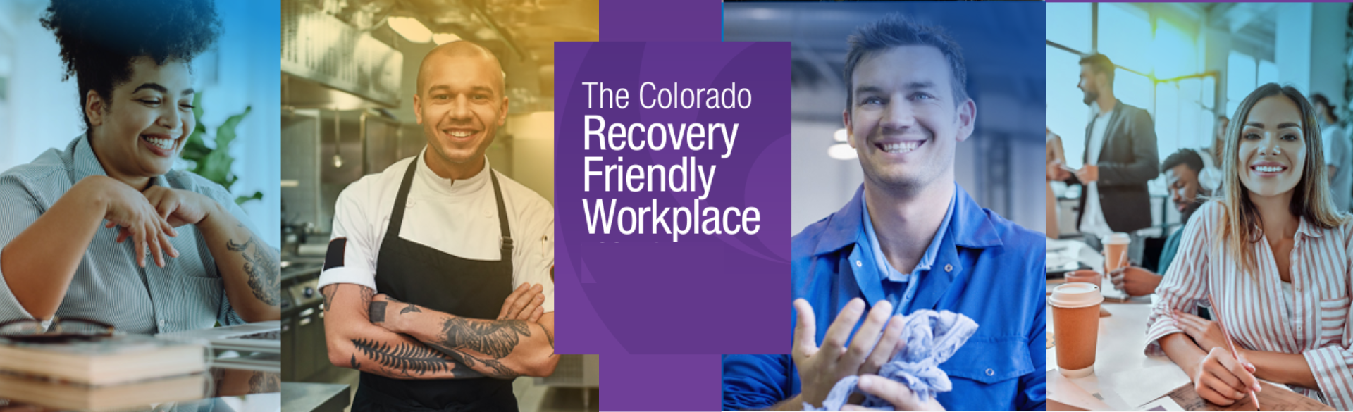 Header image of people at work, center text says Recovery Friendly Workplace