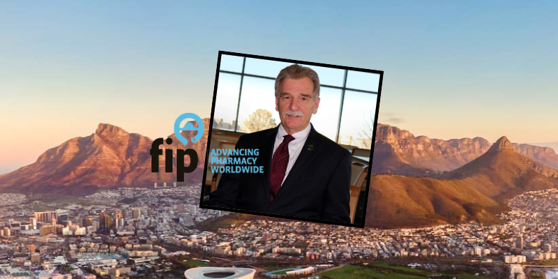 A background of Capetown, South Africa, against a headshot of a man with a black suit and red tie. Text overlay says FIP.