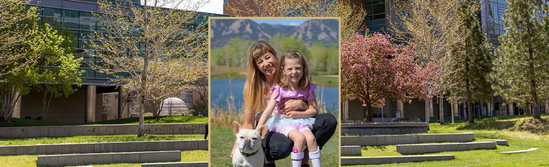 Lauren Rosenberg, daughter, Sophie, and family dog pose in front of pond 