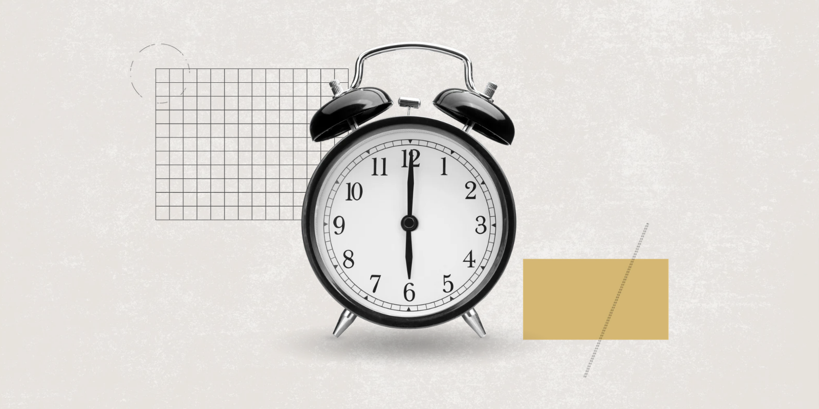A black alarm clock that reads 6 o'clock. There is a graphic image of a rectangular grid as well as a gold square in the background near the clock.