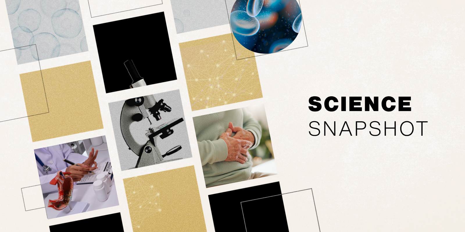 A collage of gold and black squares interspersed with snapshot-sized photos of cells, a microscope, and a doctor's hands writing at a desk with pill bottles and anatomical models