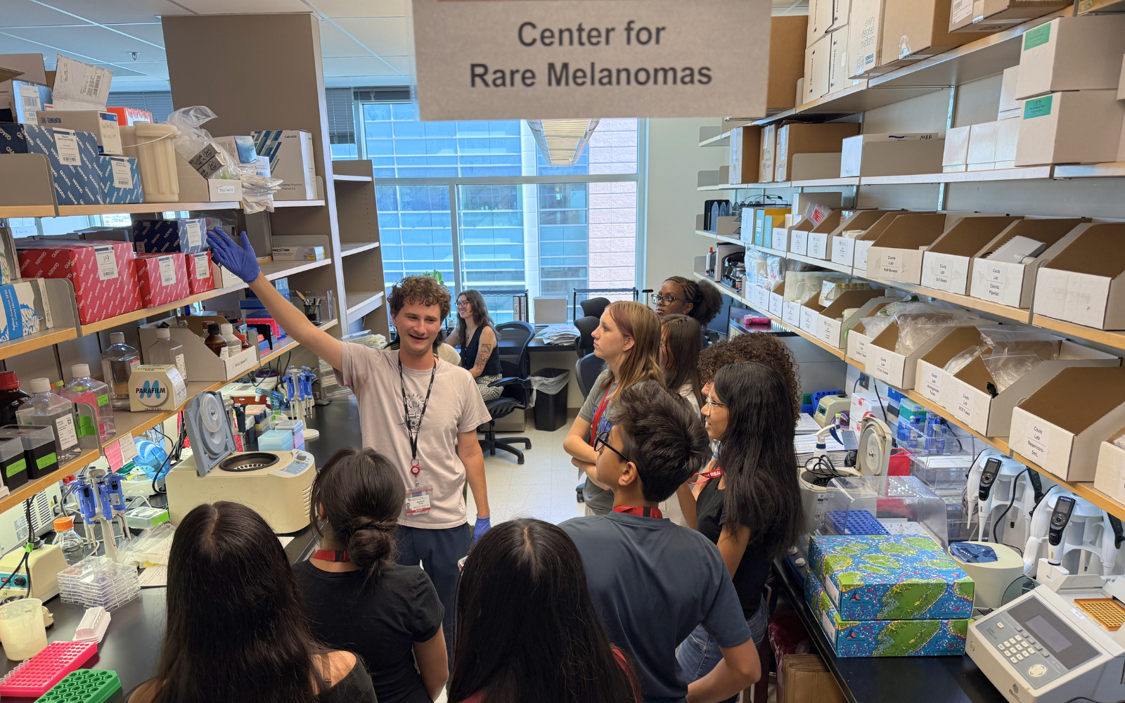  Lab manager Nicolas Ryan leads START campers on a tour of the lab of Kasey Couts, PhD | CU Cancer Center
