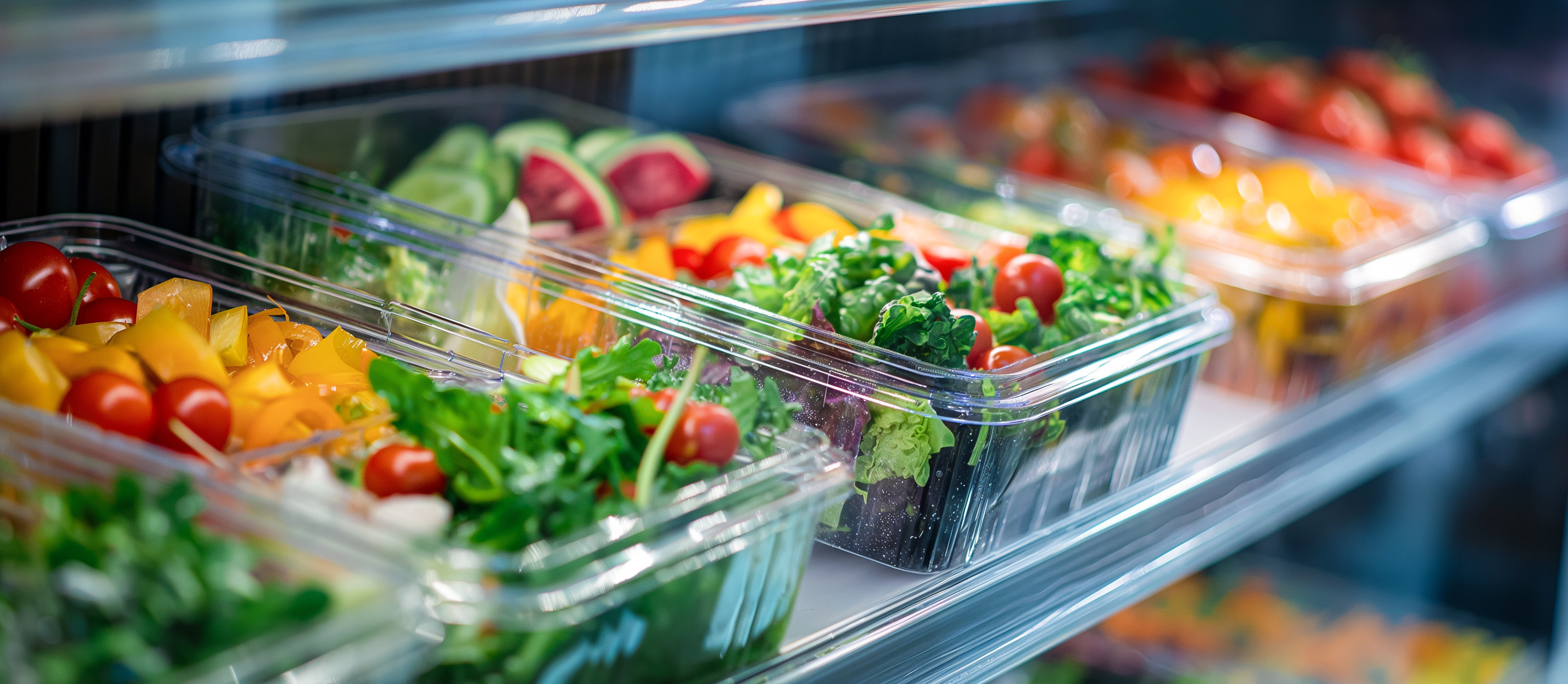 Packaged salads on a cooler shelf 