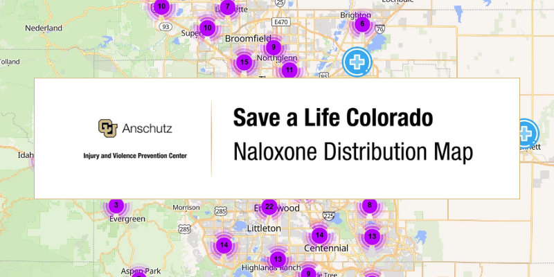 Screenshot of Save a Life Colorado Naloxone Map layered underneath the Save a Life Map logo, including the IVPC logo and CU Anschutz logo.