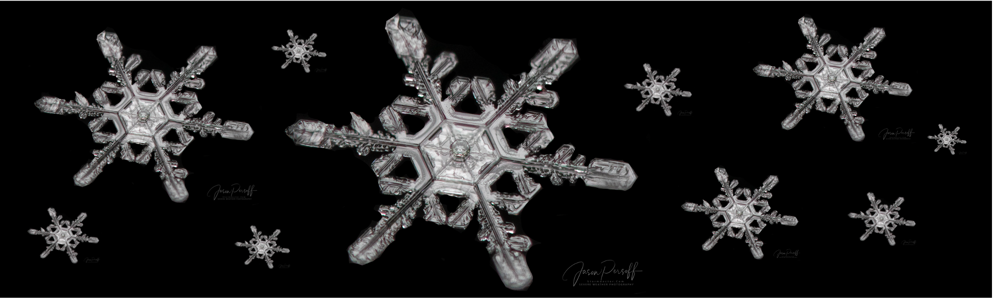 Close-up images of snowflakes on black background