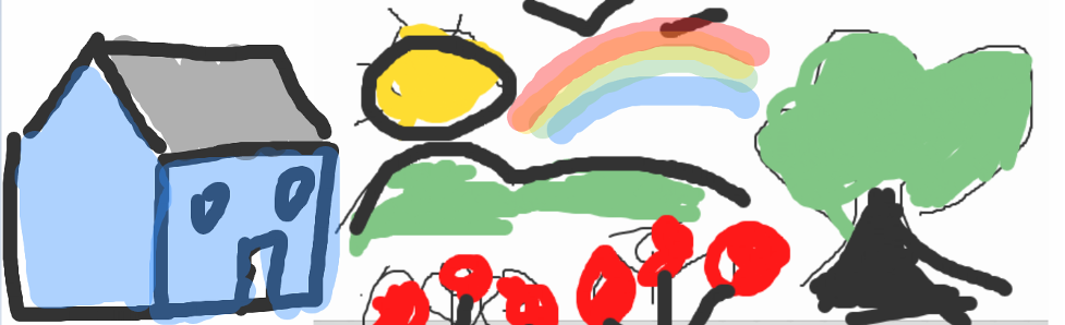 Digitally drawn image of a house, sun, rainbow, flowers and tree