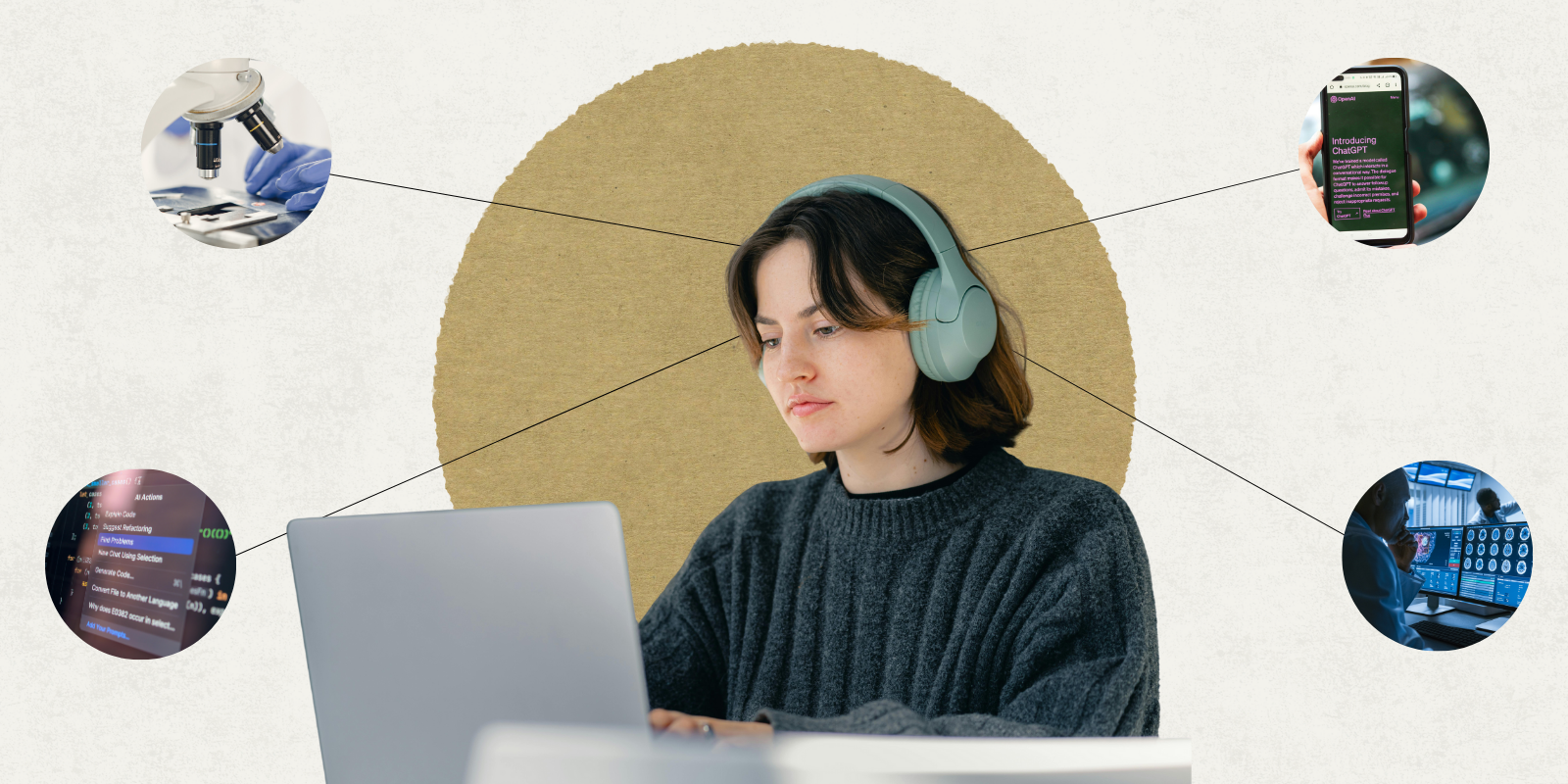 Graphic of woman at a laptop.