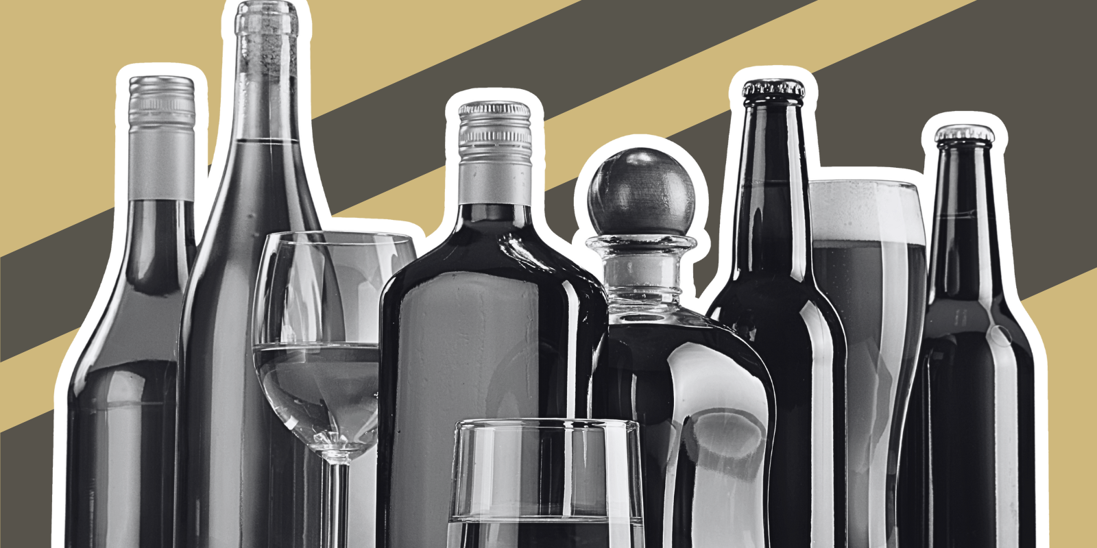 Black and white image of alcohol bottles against a gold and dark grey striped background.