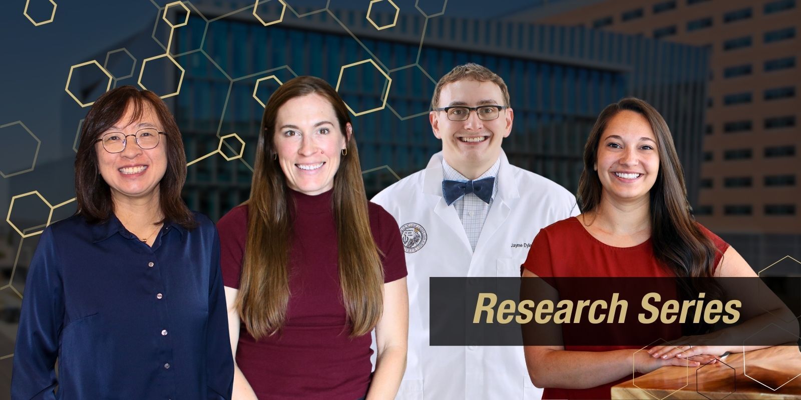 Image shows four researchers (Fan Zhang, Kyla Ost, James Dylewski, Jessica Clawson) against a faint backdrop of the CU Anschutz Campus, a hexagon pattern and text in the foreground that says 