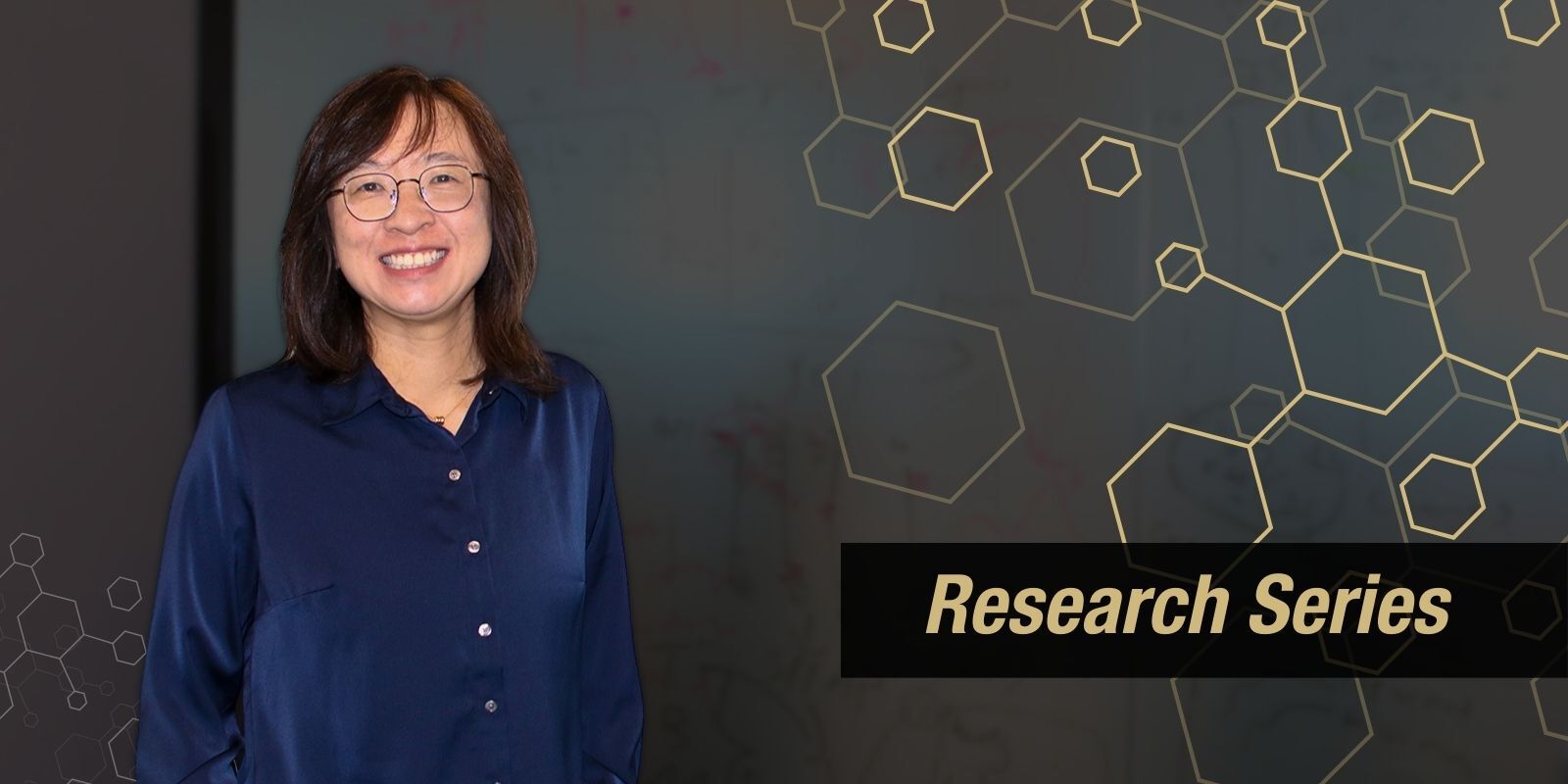 A photo of Fan Zhang in her office with accompanying geometric graphic and a banner that says 