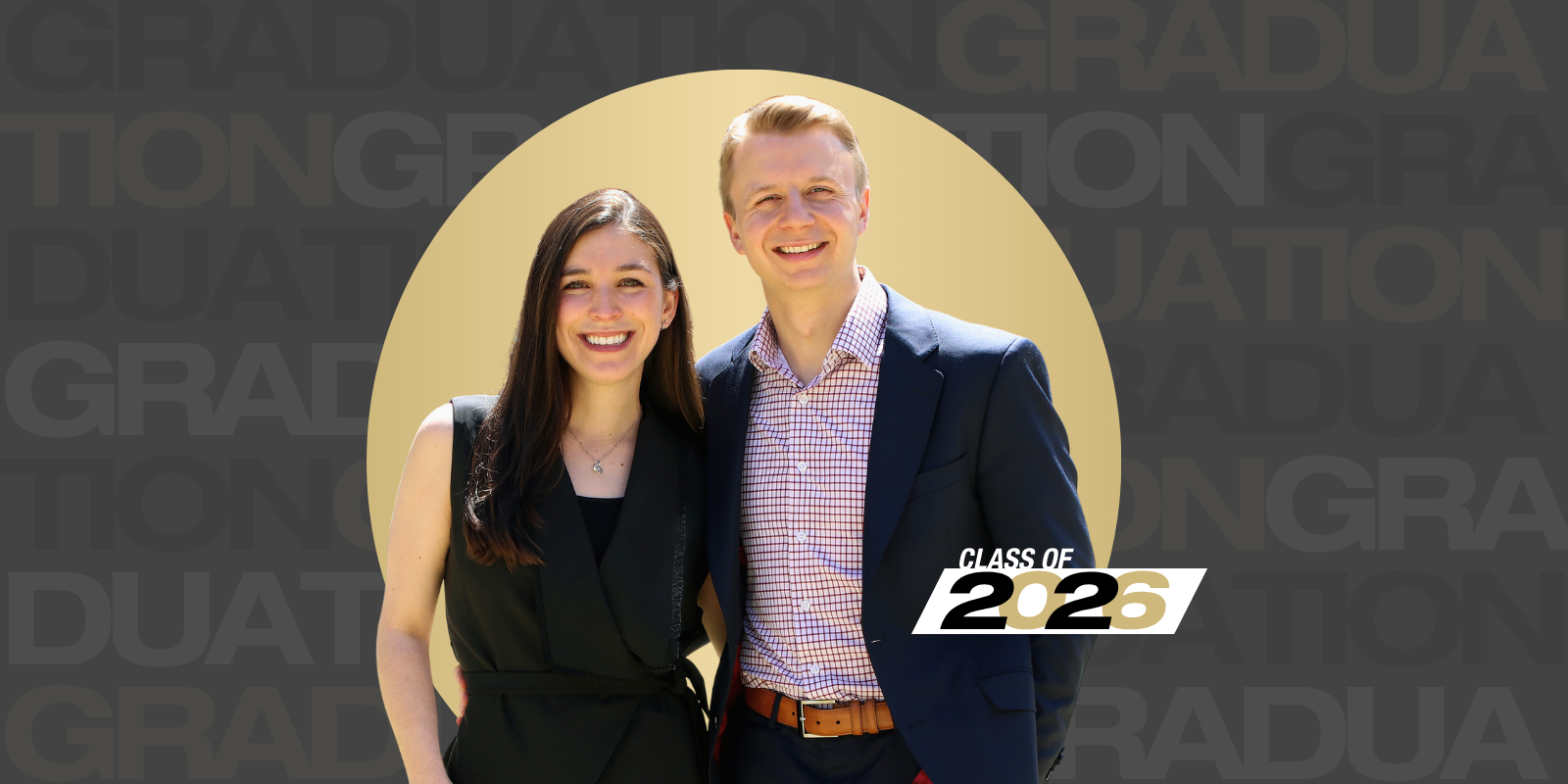 Graphic of Nick Felan and Lizzy Creighton Garcia with a graduation background.