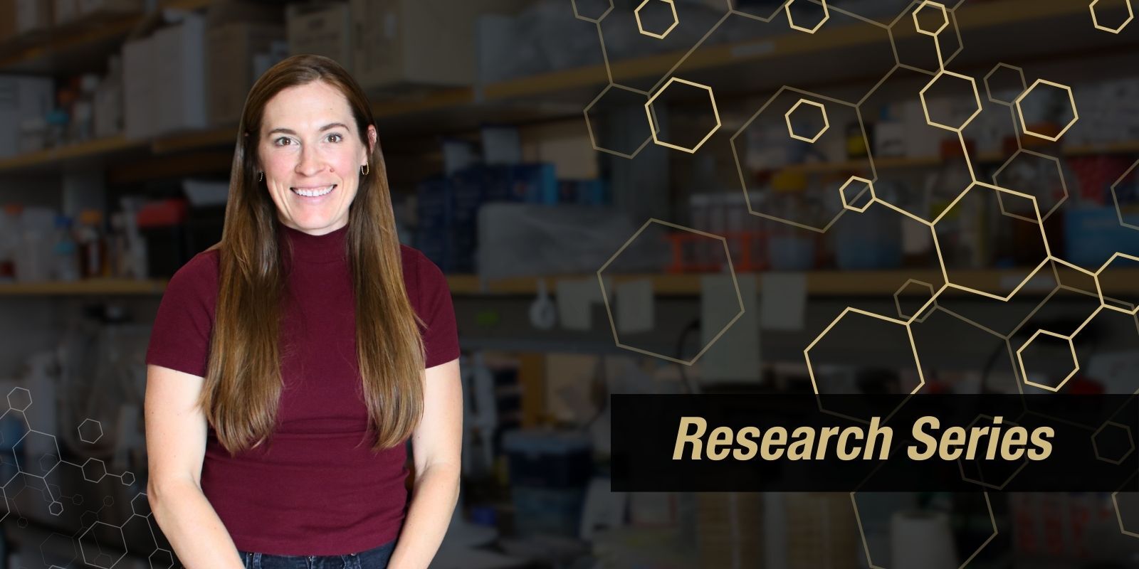 Photograph of researcher Kyla Ost in her lab. A geometric design accompanies the photo with text that says 