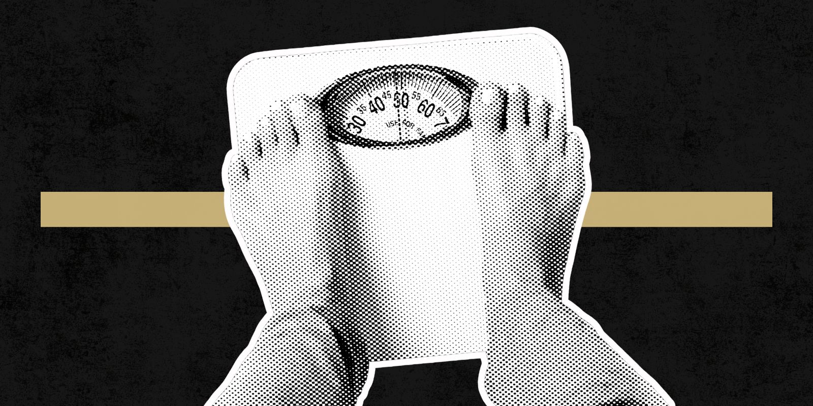 Graphic of a person standing on a weight scale on a black background