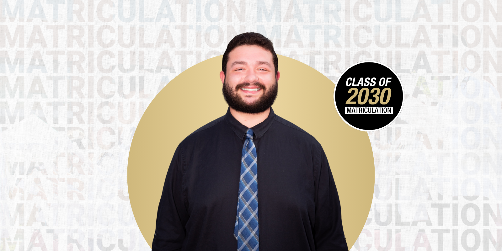 Matriculation graphic and headshot of Marcus Pina in a black button up shirt and blue tie.