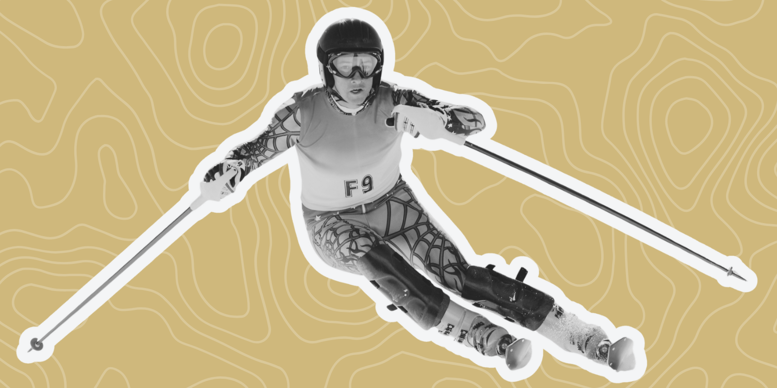 cut out sticker of a skier in black and white. A gold background with a while topography map