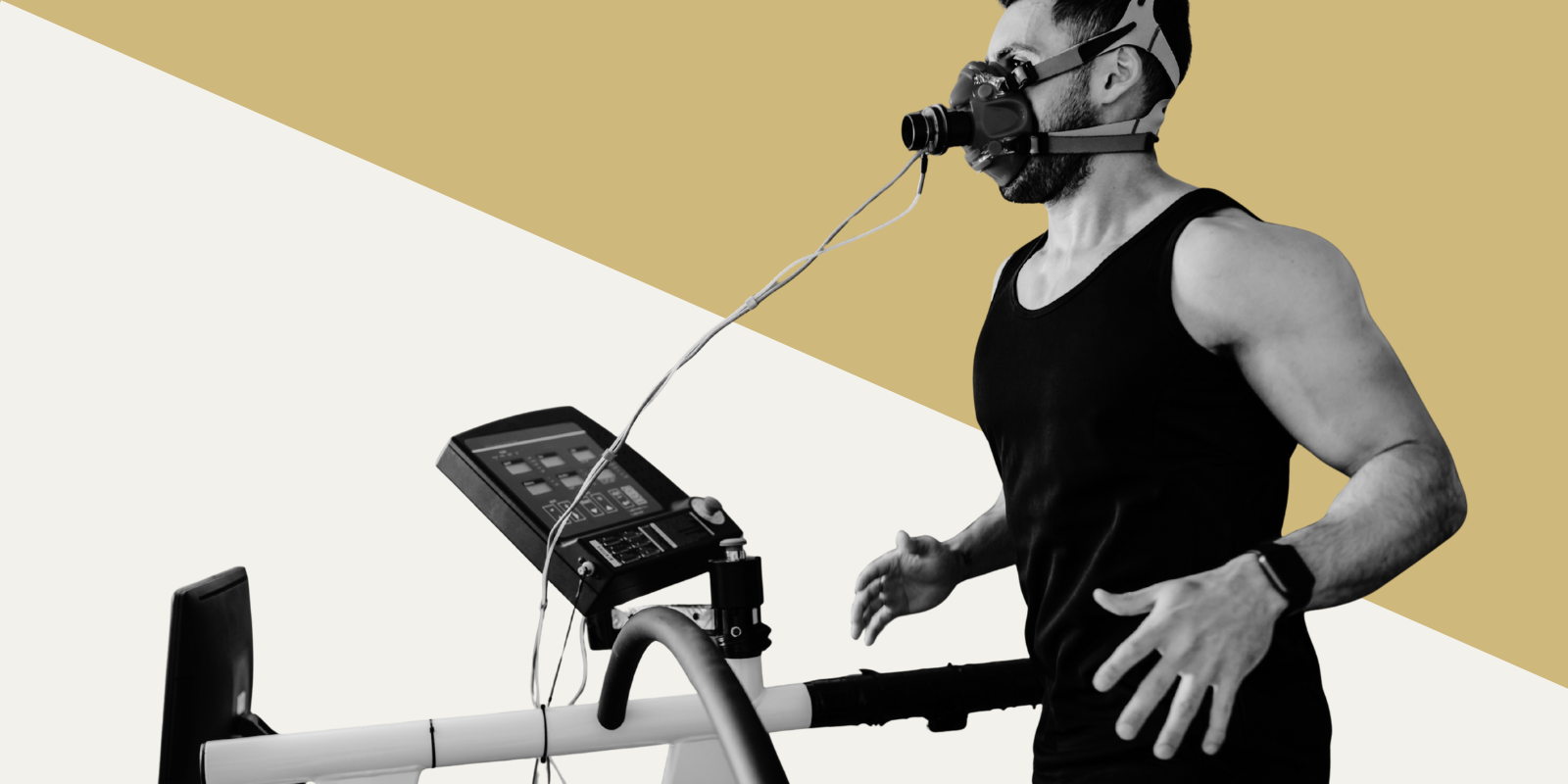 Graphic of a man doing a stress test on a treadmill. He has oxygen around his face. 