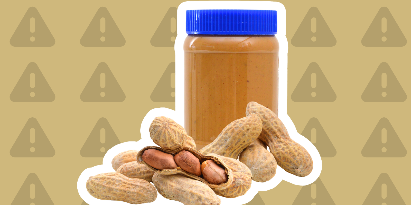 Graphic of a peanut butter jar and a pile of peanuts on a gold background with a pattern of caution signs