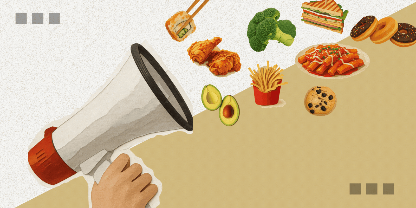 Graphic of megaphone with various types of food