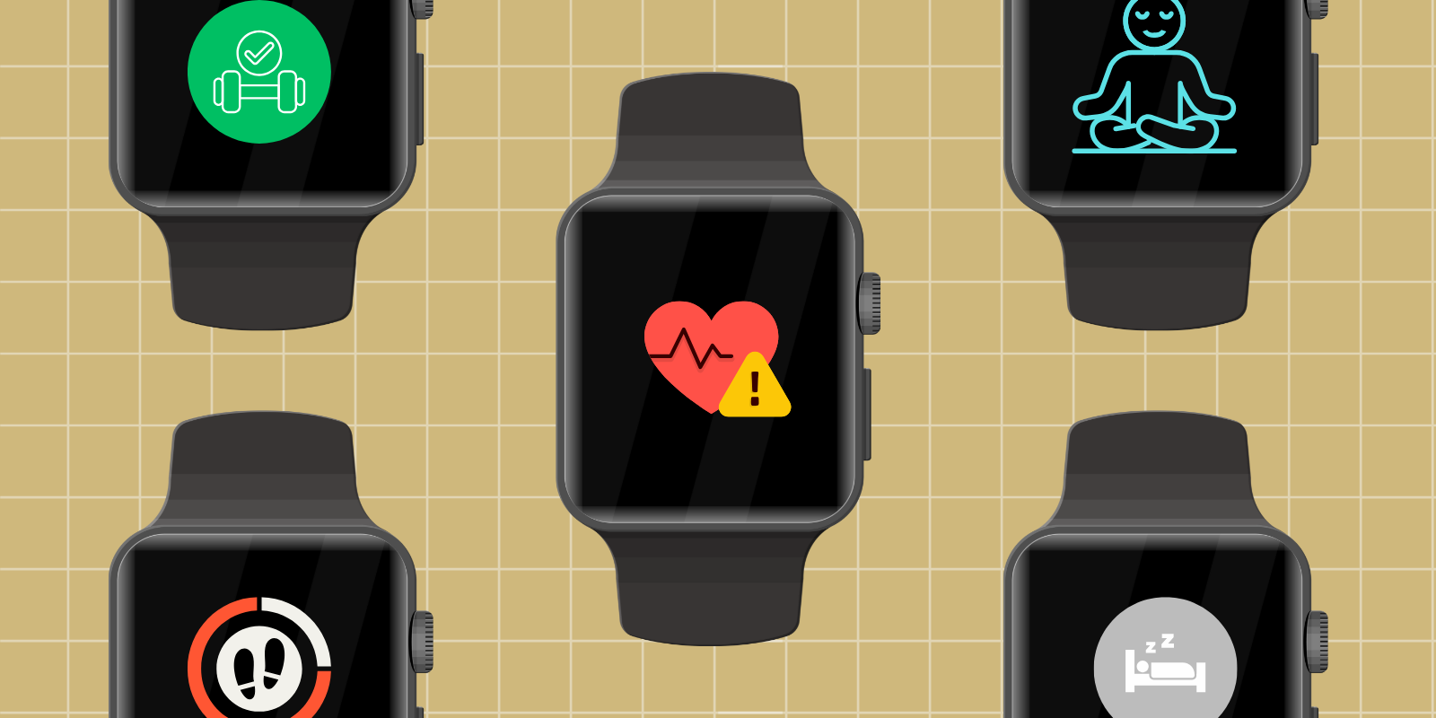 Graphic of multiple smartwatches showing icons of health and wellness.
