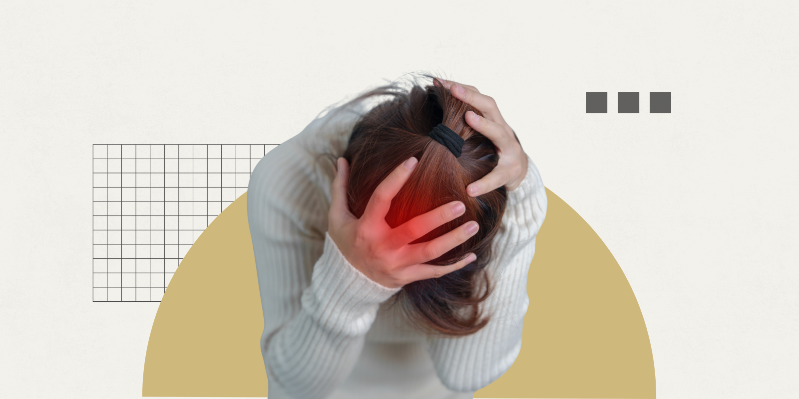 Graphic of a young woman holding head.