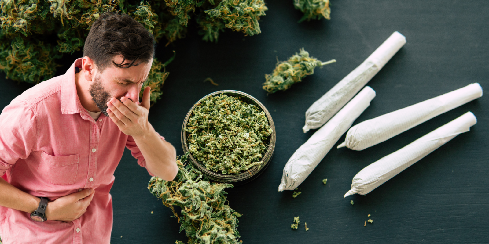 A man experiencing nausea with marijuana samples in the background.
