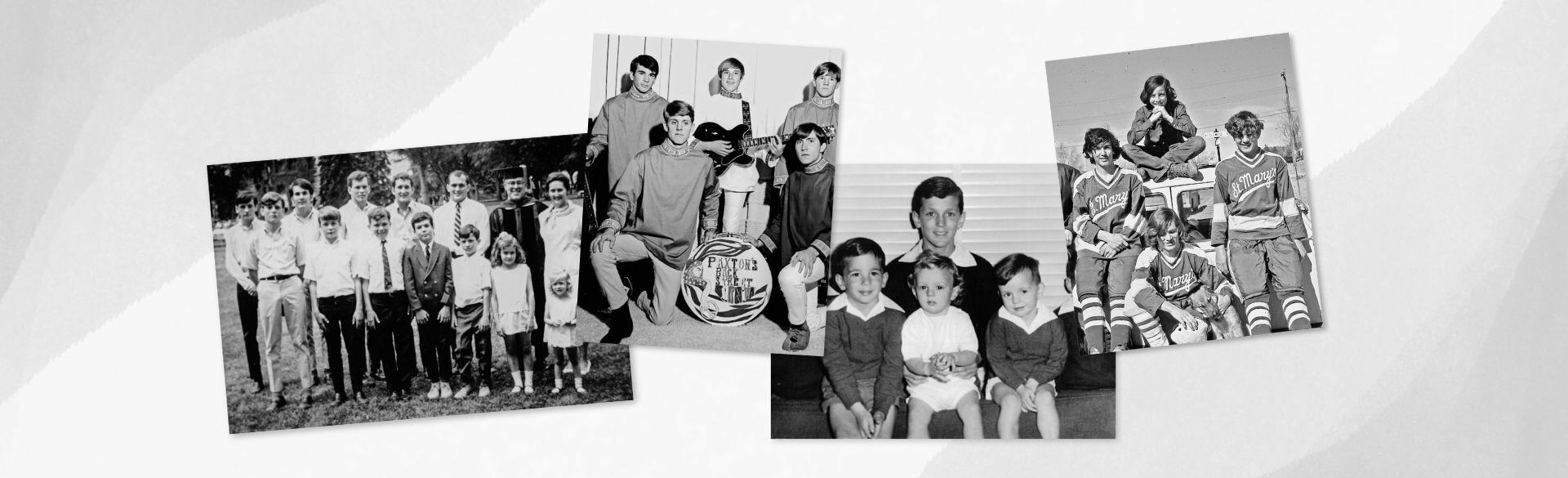 Collage of old snapshots, including whole Galvin family, shot of young boys, shot of four boys in hockey gear, shot of one brother's band