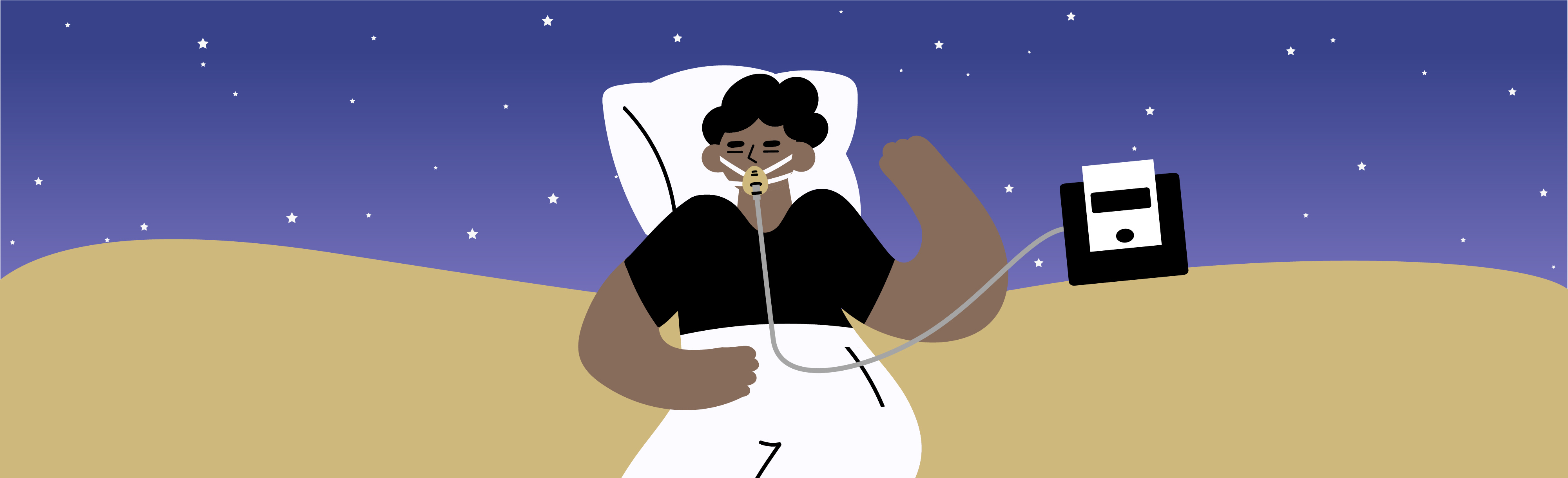 Graphic illustration of a person in bed with a CPAP mask, a star-filled sky in the background