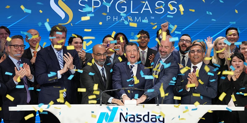 Photo of SpyGlass executives ringing the bell at Nasdaq when the company went public. 