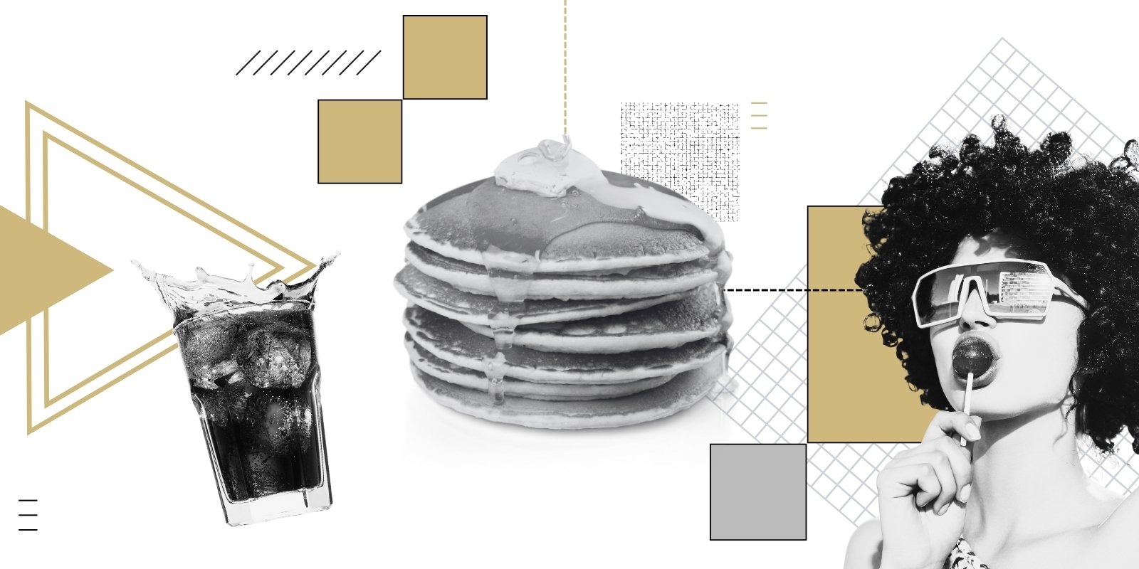 graphic image of a woman licking a lollipop, syrup being drizzled on a stack of pancakes and a glass of soda