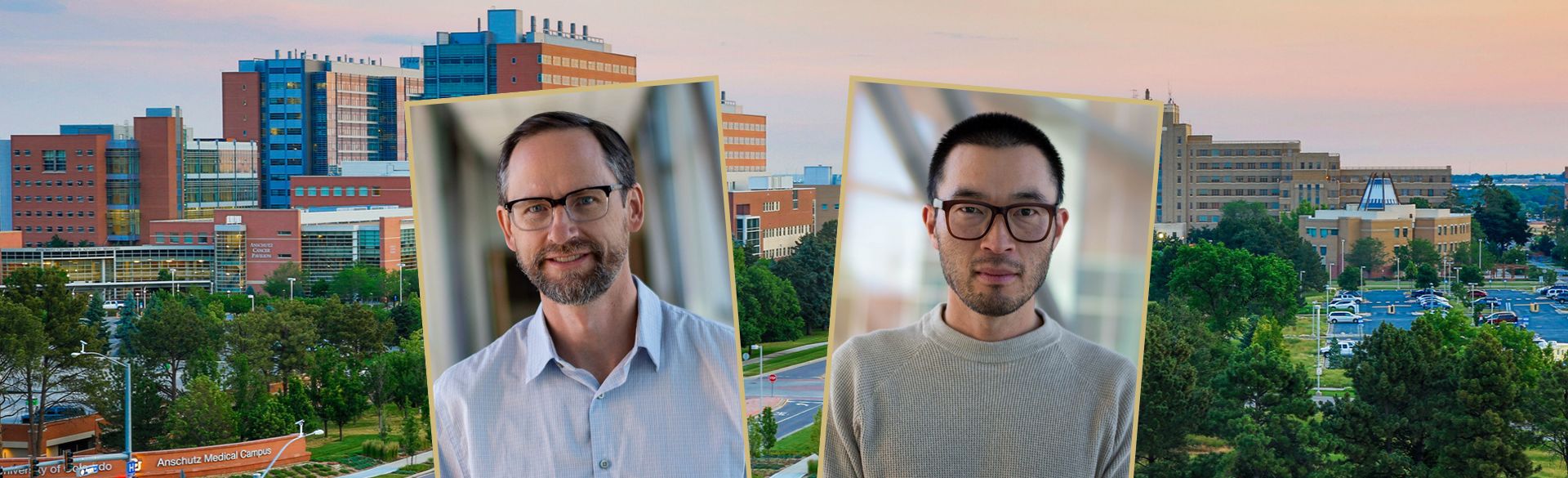 Scientists head shots superimposed over campus background
