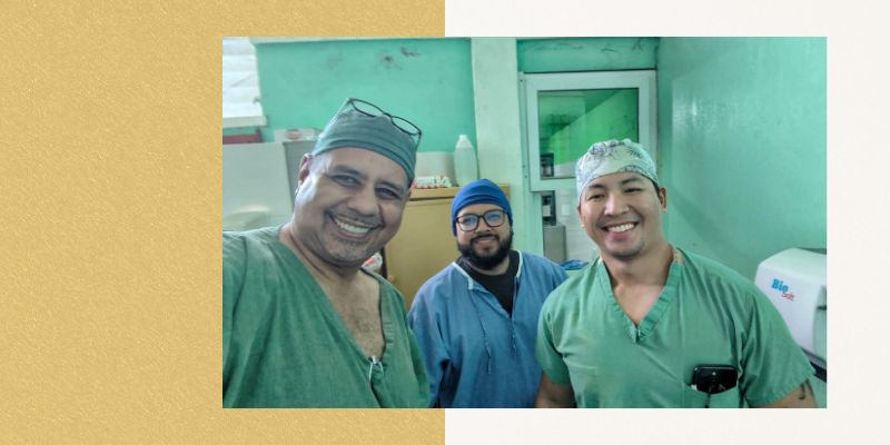 Dr. Edwin De Leon, former surgical director, and fellow surgical attending staff shows Dr. Doan around the operating center of Hospital Nacional de Coatepeque.