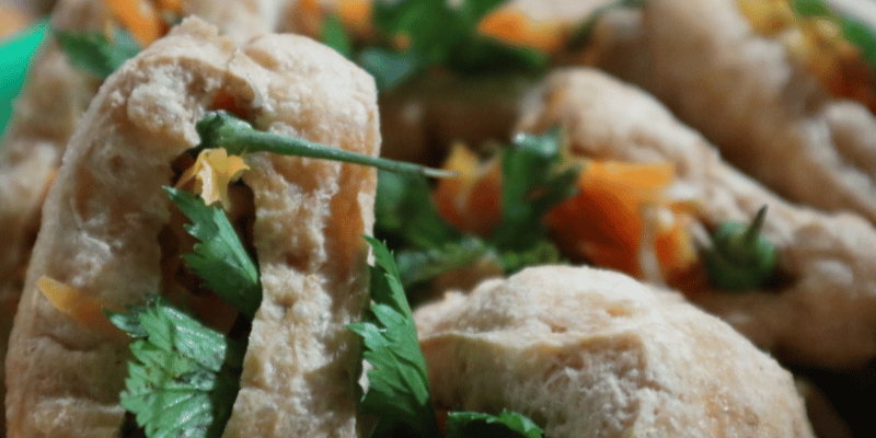 Tofu stuffed with vegetables.