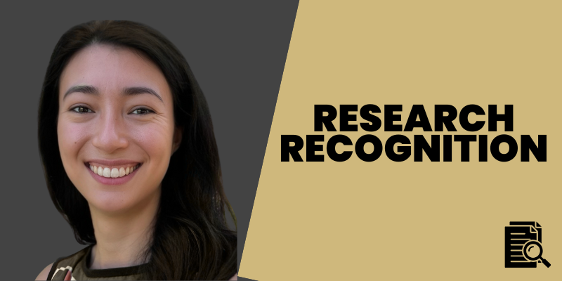 Graphic with Rachel Topazian headshot against gray background on the left and black letters over gold saying Research Recognition on the right.