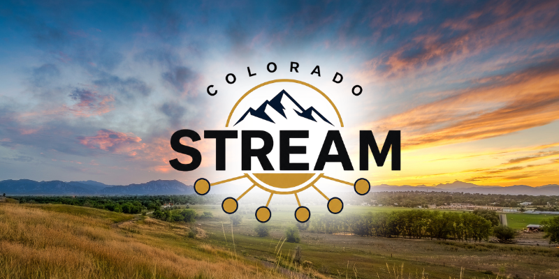 Colorado Sunset over grasslands with an overlay logo of COLORADO STREAM
