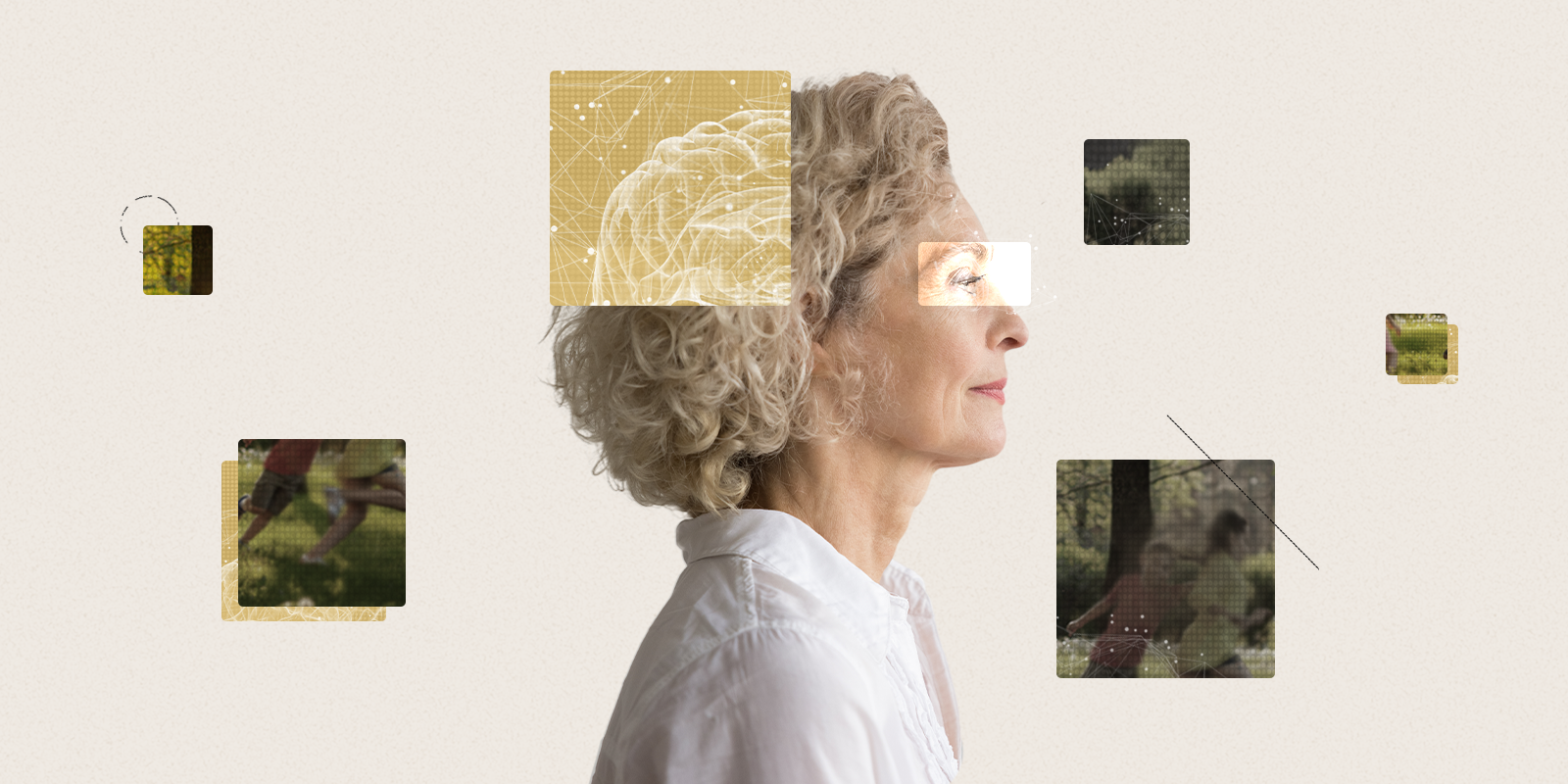 A graphic image of an older woman's side profile with her eye highlighted and a section of her head overlayed with a section of a brain.