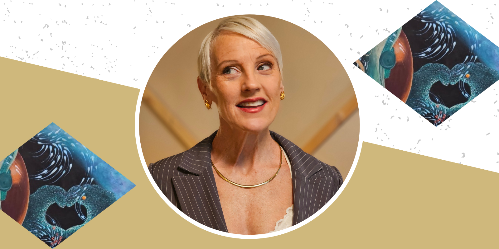 Teresa Ann Volgenau surrounded by sections of one of her recent paintings.