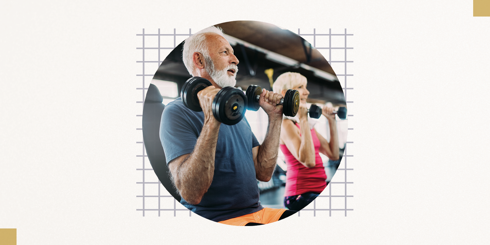 A white-bearded man in a bluish T-Shirt holds two dumbbells at shoulder hieght next to and older woman in a red tanktop doing the same