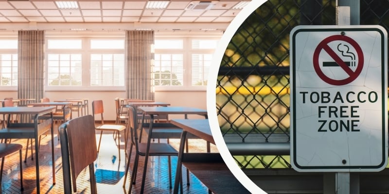 Empty classroom photo next to photo of Tobacco free sign