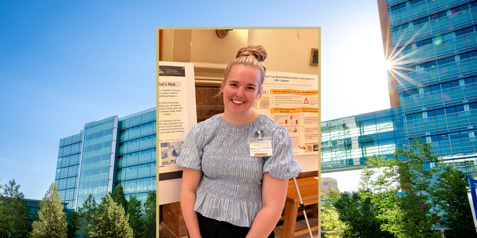 Image of AbbyLynn Wilhelm set over an image of a building on the CU Anschutz campus.