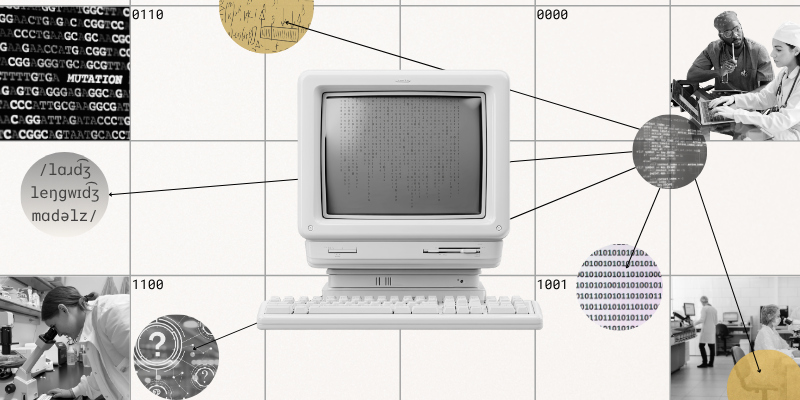 graphic containing an old computer from the 80s/90s with vertical binary coming down the center of the screen. The background is beige, and there is a grid pattern. In the corners of the image, the grid contains pictures. In the top left is a picture of Cs, Gs, Ts, and As, representing DNA sequencing. In the top right is two clinicians at a computer. In the bottom left is a researcher at a microscope. In the bottom right is a few researchers in a lab. There are circlular graphics connected with lines/arrows that represent computational intelligence and agentic AI, such as one that has "Large Language Model" in IPA, and another that has math script.