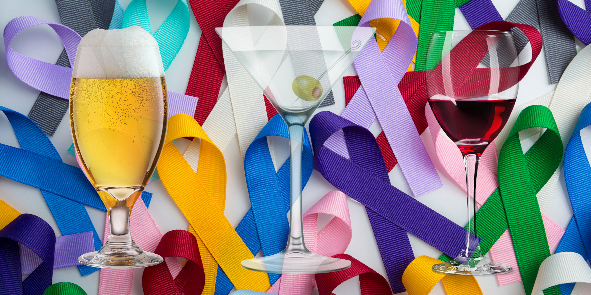 Beer, cocktail and wine and cancer ribbons