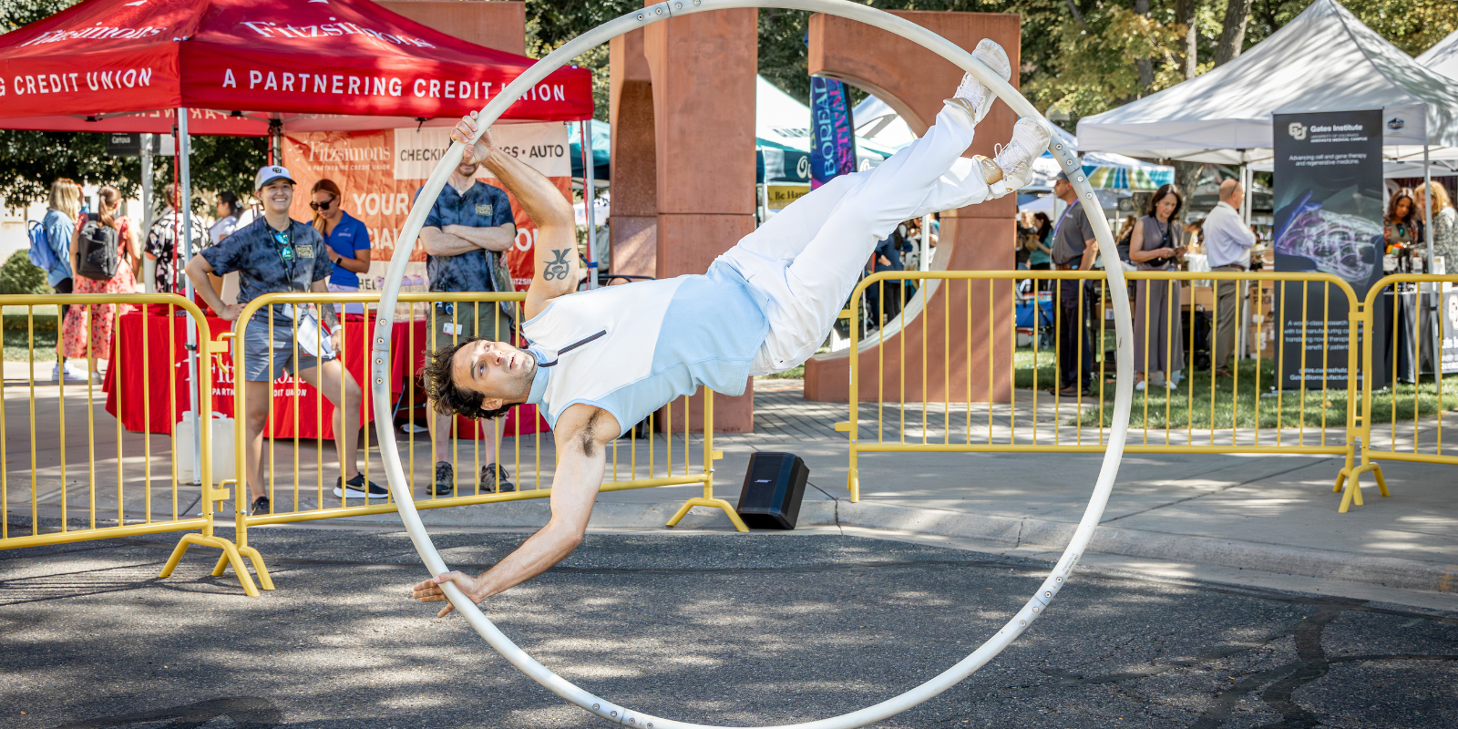 An acrobatic performer at the Block Party