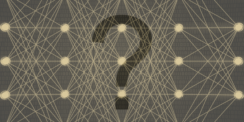 layered graphic with a black background. The far back has a faded binary of 0s and 1s across the screen. The middle layer depicts a gold neurla network with notes and edges. In the front there is a faded question mark: can AI say I don't know?
