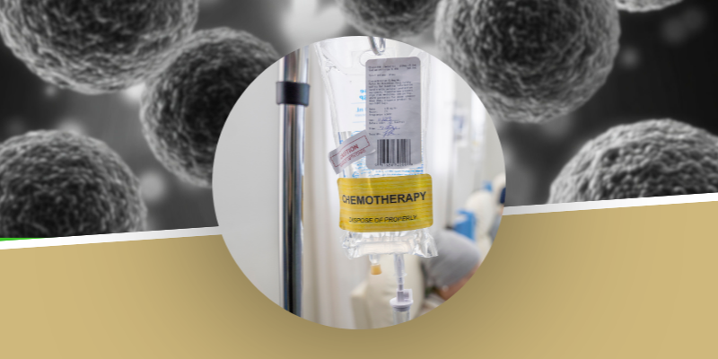 image of chemotherapy IV bag surrounded by cancer cells